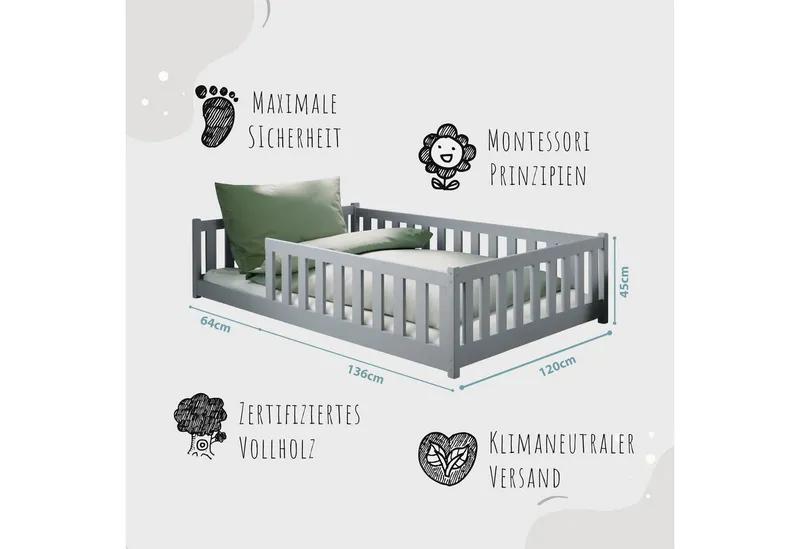 Kids Collective Kinderbett Bodenbett Bett mit Rausfallschutz & Lattenrost Montessori Bett Kinder (Jungen, Mädchen, Kinder, weitere Größen 80x160, 80x180, 90x190, 90x200, 140x200 cm), Jugendbett Gitterbett Einzelbett, Aschgrau Kiefer 120x200 cm, Grau, – Produktbild 4 von 5
