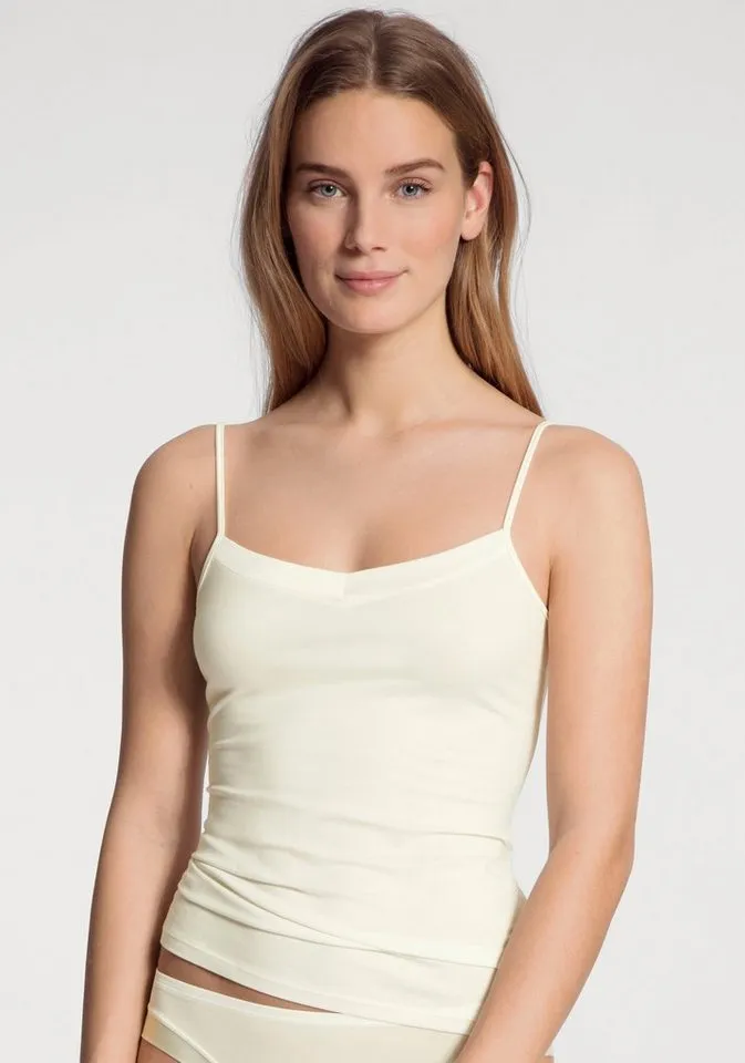 CALIDA CALIDA Spaghettitop Cate Satin-Einsatz, Single Jersey Qualität, elastisch, weich, feminin, Weiß, – Produktbild 1 von 5