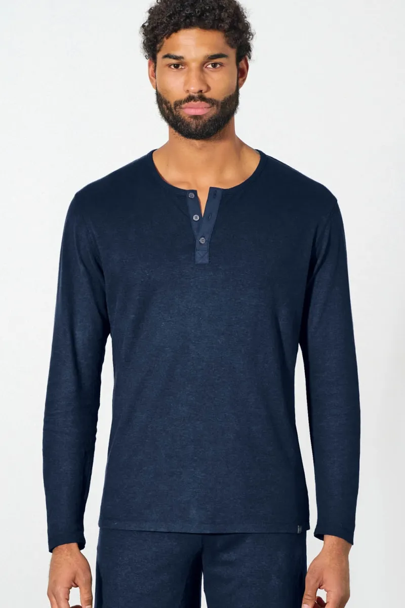 HempAge Hempage Herren vegan Langarm Henley Aus Gebürstetem Stoff Marineblau, Blau, – Produktbild 2 von 2