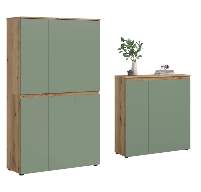 furnling Mehrzweckschrank-Set Sarca - in 5 trendigen Farben, (2-St., bestehend aus Kommode, Universalschrank), 1 Kleiderstange, großzügiger Stauraum durch 28 Fächer, Breite 235 cm, Grün, – Produktbild 1 von 5