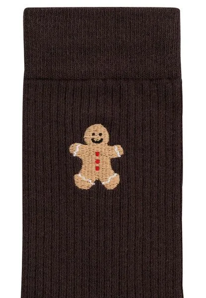 MELA MELA Gerippte Socken Stickerei 1 Paar aus 100% Bio-Baumwolle, Dunkelbraun / gingerbread, – Produktbild 2 von 3