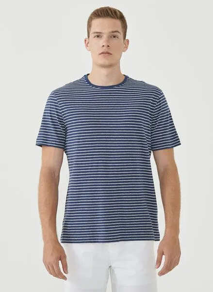 ORGANICATION ORGANICATION Gestreiftes T-Shirt aus Bio-Baumwolle und Leinen, Navy/off white, – Produktbild 1 von 4