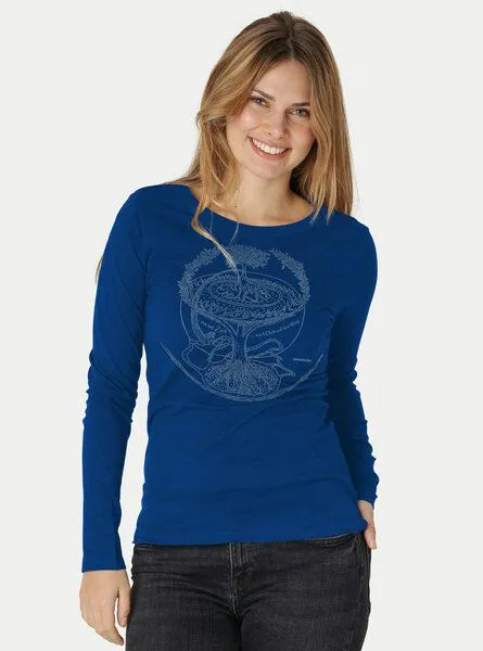 Peaces.bio - handbedruckte Biomode Peaces.bio - handbedruckte Biomode Bio-Damen-Langarmshirt "Weltenesche", Königsblau, – Produktbild 2 von 3