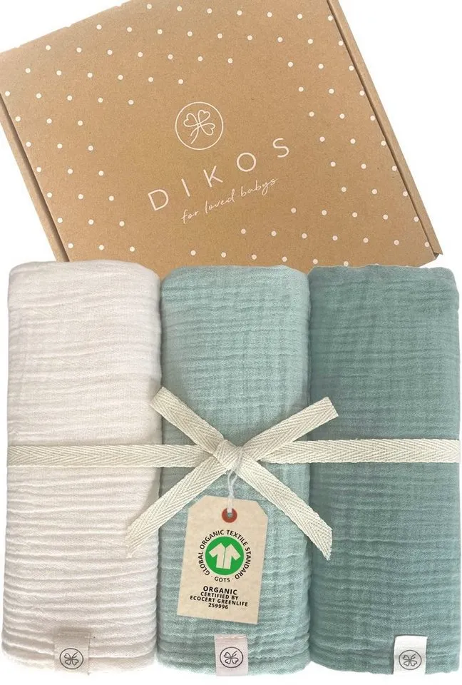 Babydecke Mulltücher 3er-SET gekreppt, Spucktuch 64x64 100% GOTS BIO-Baumwolle, DIKOS, PREMIUM Qualität atmungsaktiv, nachhaltig, plastikfrei, kuschelweich, Mint creme, – Produktbild 2 von 5