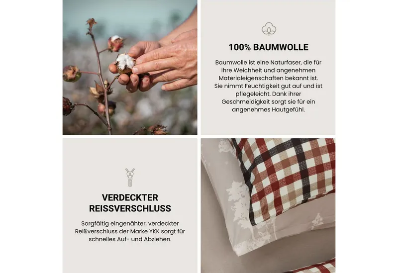 Schiesser Schiesser Bettwäsche James aus weichem Baumwoll-Feinbiber mit traditionellen Karos, Feinbiber, 2 teilig, OEKO-TEX® MADE IN GREEN, Blau|braun, – Produktbild 3 von 5