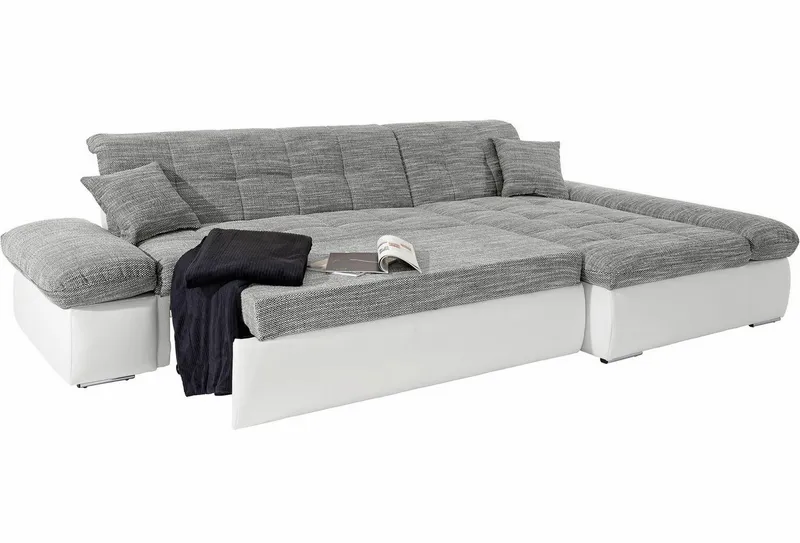 DOMO collection Ecksofa MORIC 300x172 cm, XXL-Sofa mit viel Platz, L-Form, auch in Cord, wahlweise mit Bettfunktion und Armteilverstellung, Grau|weiß, – Produktbild 7 von 8