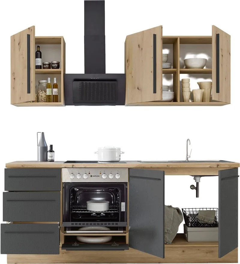 KOCHSTATION Küchenzeile KS-Florida mit 38mm starker Arbeitsplatte, Breite 210 cm, wahlweise mit E-Geräten, Soft-Close-Funktion, Schwarz, – Produktbild 5 von 7