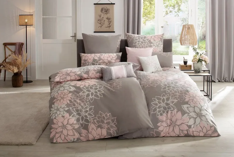 OTTO home Bettwäsche Susan in Gr. 135x200 oder 155x220 cm, Biber, 2 teilig, in verschiedenen Qualitäten, romantische Bettwäsche mit Blumen, Grau|rosa, – Produktbild 5 von 5