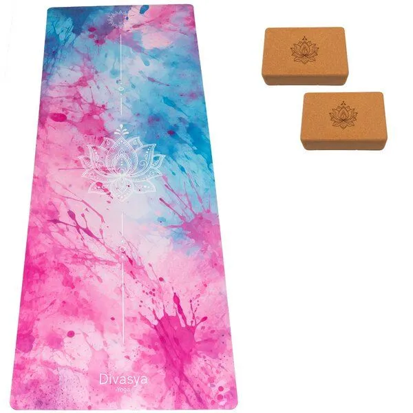 Divasya Divasya Yoga Starter-Set: Yogamatte mit Schutzhülle & 2 Blöcken, Pink lotus, – Produktbild 1 von 4