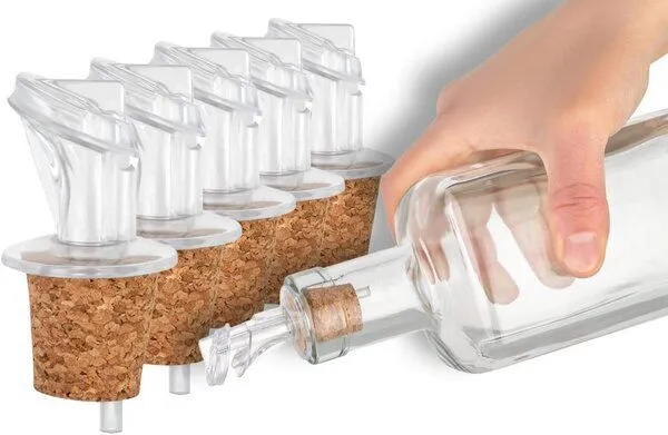 Kork-Deko Kork-Deko 5er-Pack Kunststoff-Ausgießer mit Kork-Stopfen | schmal | geeignet für Öl, Essig, Spirituosen oder Liköre – Produktbild 2 von 4