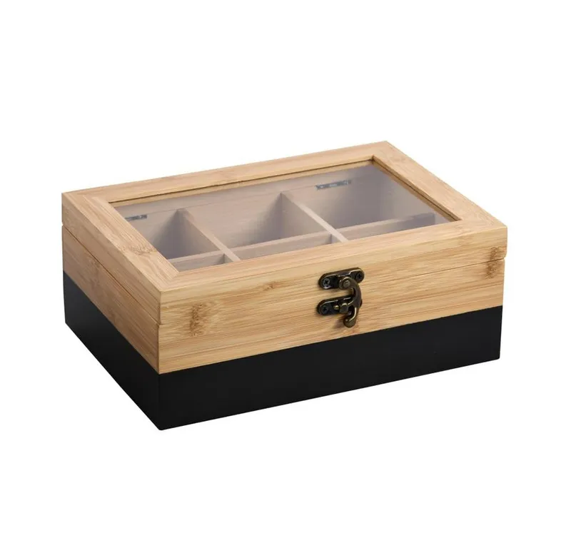 Kesper Kesper Aufbewahrungsbox Tee-Box aus FSC®-zertifiziertem Bambus, 21,5x15x8,5 cm, 6 Fächer, Mit Sichtfenster, Retro-Verschluss, Farbe Schwarz-Natur, Braun|schwarz, – Produktbild 2 von 3
