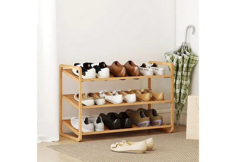 HOMCOM HOMCOM Standregal 3-stöckiges Schuhregal aus Bambus, freistehendes Aufbewahrungsregal für 12 Paar Schuhe 1-tlg., Schuhregalständer für Flur, Wohnzimmer, 76 x 33 x 50,8 cm, Beige, – Produktbild 2 von 5