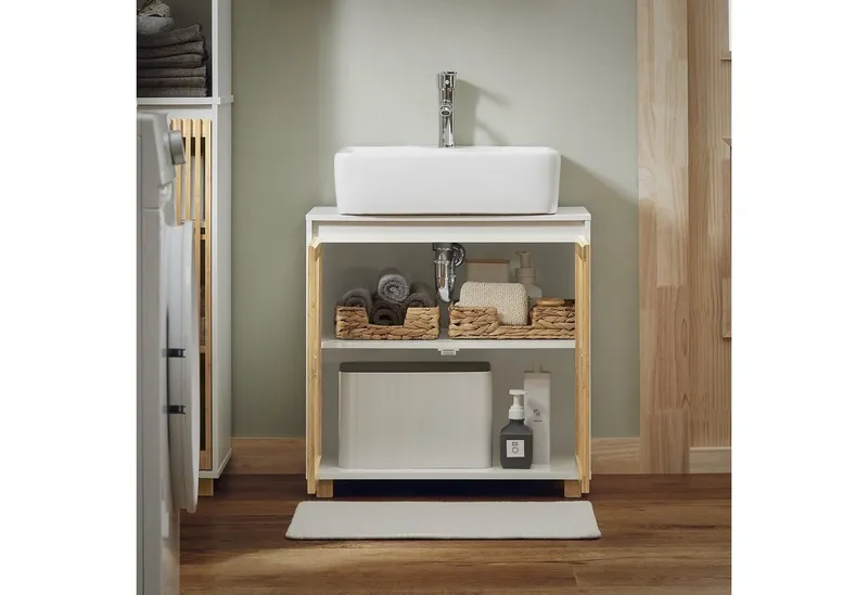 SoBuy Waschbeckenunterschrank BZR125 Badezimmerschrank Waschtisch Unterschrank Badmöbel Weiß-Natur, Weiß, – Produktbild 2 von 5
