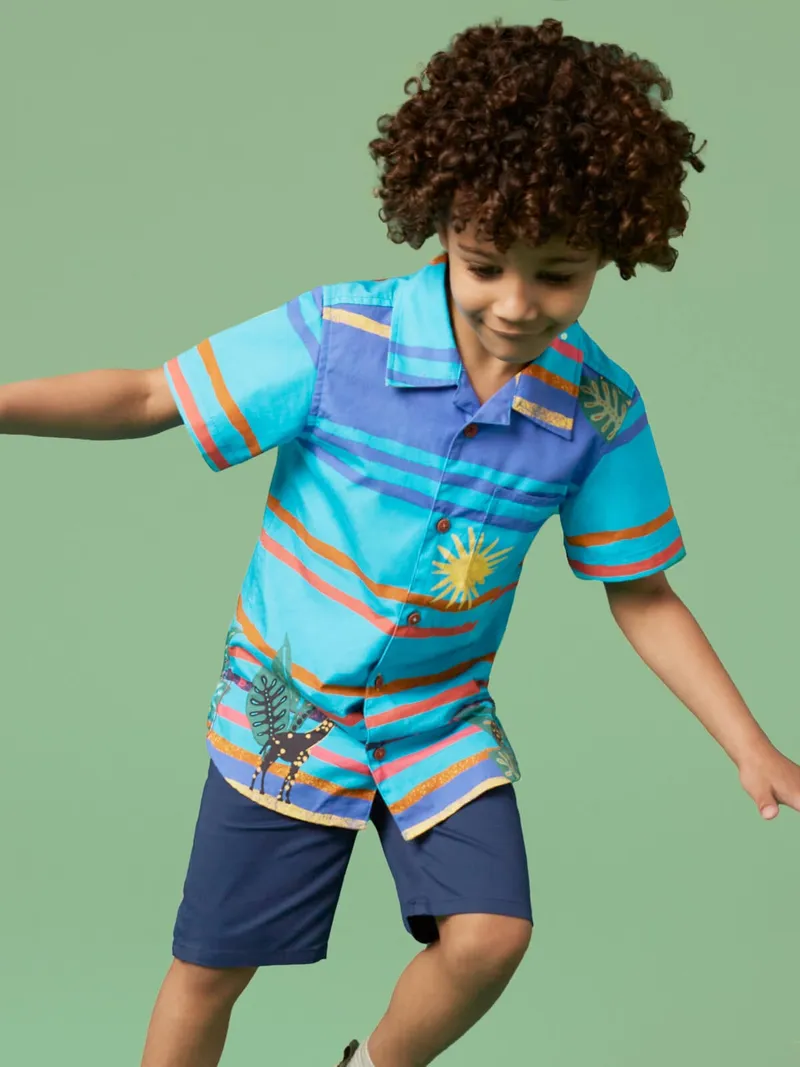 White Stuff Gestreiftes Kurzarmhemd mit Giraffenmotiv - 3-4, Blau, – Produktbild 1 von 4