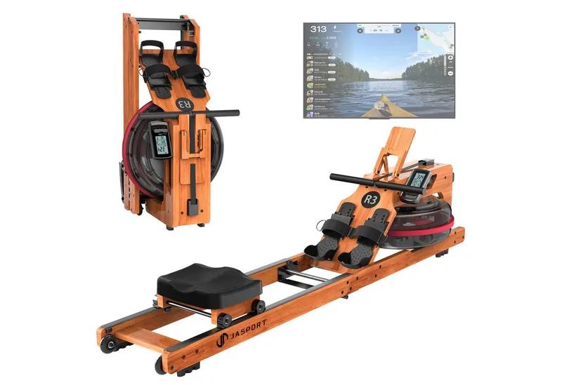 JASPORT Rudergerät R3 Wasser-Rudergerät klappbar Eichenholz LCD-Display Kinomap (Klappbares Rudergerät aus Eichenholz, Kinomap kompatibel & LCD-Trainingscomputer), 28-Liter-Wassertank, für Nutzer bis 205 cm, belastbar bis 150 kg, Kirschholzfarbe, – Produktbild 1 von 5