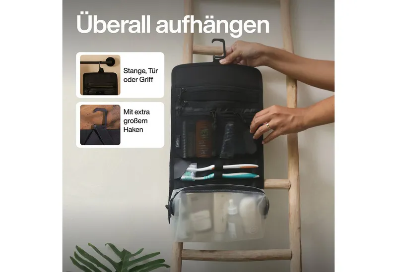 TRAVEL DUDE TRAVEL DUDE Faltbare Kulturtasche für Damen und Herren, Kulturbeutel zum Aufhängen, mit 1 Liter Beutel, Schwarz, – Produktbild 6 von 8