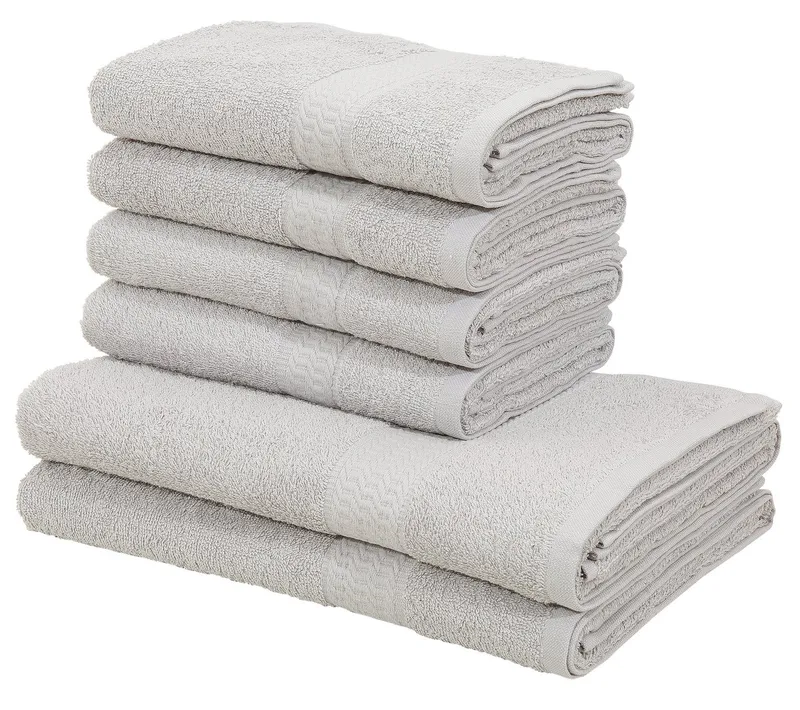 OTTO home Handtuch Set Juna, 6-tlg., 2 Duschtücher (70x140) 4 Handtücher (50x100), Walkfrottee (6-St), 100% Baumwolle, Handtuch-Set mit Bordüre, Uni-Farben, weich, Grau, – Produktbild 1 von 8