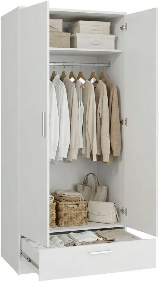 FORTE Kleiderschrank Drehtürenschrank, Schublade, viel Stauraum B/H/T 79,9/181/52,7, Schublade, Stauraum, FSC, Weiß, – Produktbild 4 von 5
