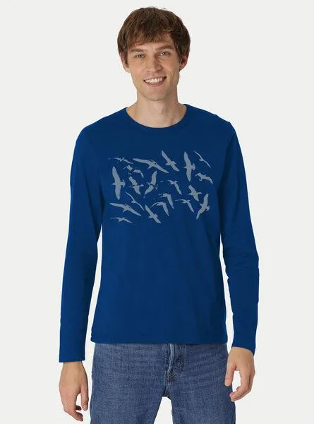 Peaces.bio - handbedruckte Biomode Peaces.bio - handbedruckte Biomode Bio-Herren-Langarmshirt Möwen, Royalblau, – Produktbild 2 von 2