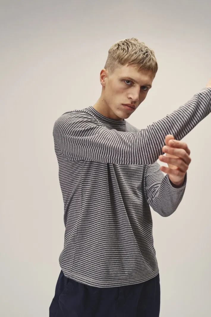 WOTE WOTE Herren vegan Langarmshirt Gestreift Dunkelblau Grau, Dunkelblau, – Produktbild 2 von 2