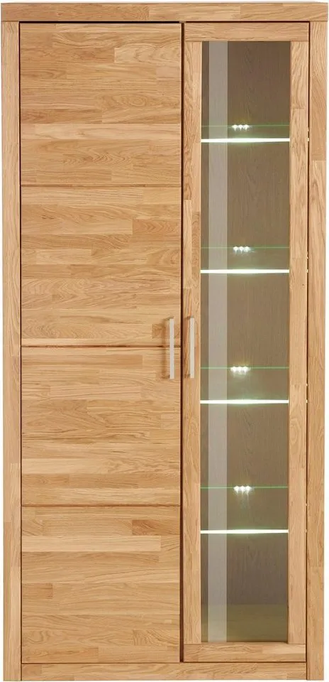 OTTO home Vitrine LOGO B/T/H: 90/42/190cm,10Fächer, 1 Holztür, 1 Glastür, viel Stauraum Fronten aus Massivholz, Korpus aus farblich abgestimmter Melamin, Braun, – Produktbild 2 von 7