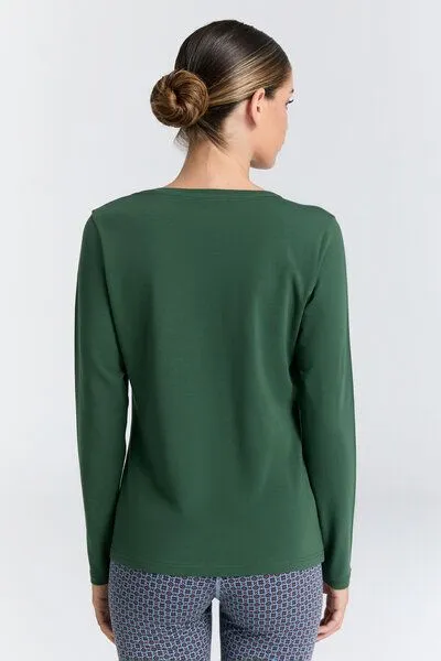 Leela Cotton Leela Cotton Damen V-Neck Langarmshirt, Tannennadel, – Produktbild 3 von 5
