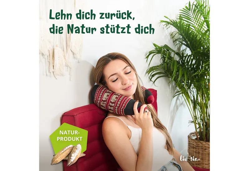 livasia Nackenhörnchen Reisekissen - 24x28x7cm, Kapok, vegan, handgefertigt, Rot, – Produktbild 2 von 5