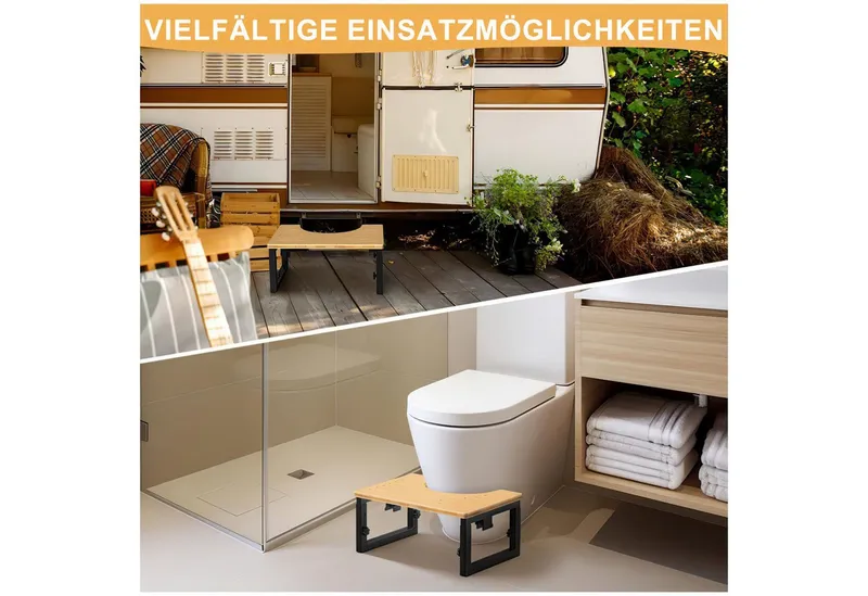 HEYHIPPO Tritthocker Klappbarer Toilettenhocker Höhenverstellbarer Fußhocker Holzfarbe (Stabiler und tragbarer Toilettentritthocker mit geringem Platzbedarf, Ein Tritthocker), Rutschfester Fußhocker für Erwachsene und Kinder aus Bambus, Gelb, – Produktbild 5 von 5