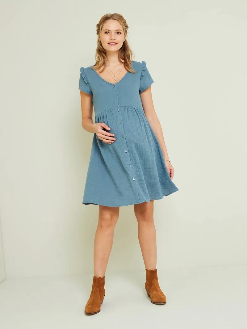 Vertbaudet Musselin-Kleid, Aquamarin, – Produktbild 1 von 4