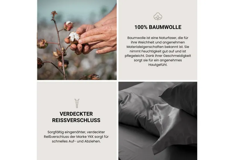 Schiesser Schiesser Bettwäsche Ella seidenmattes Bettwäscheset aus feinstem Baumwollsatin, Satin, 2 teilig, OEKO-TEX® MADE IN GREEN, Grau, – Produktbild 3 von 5
