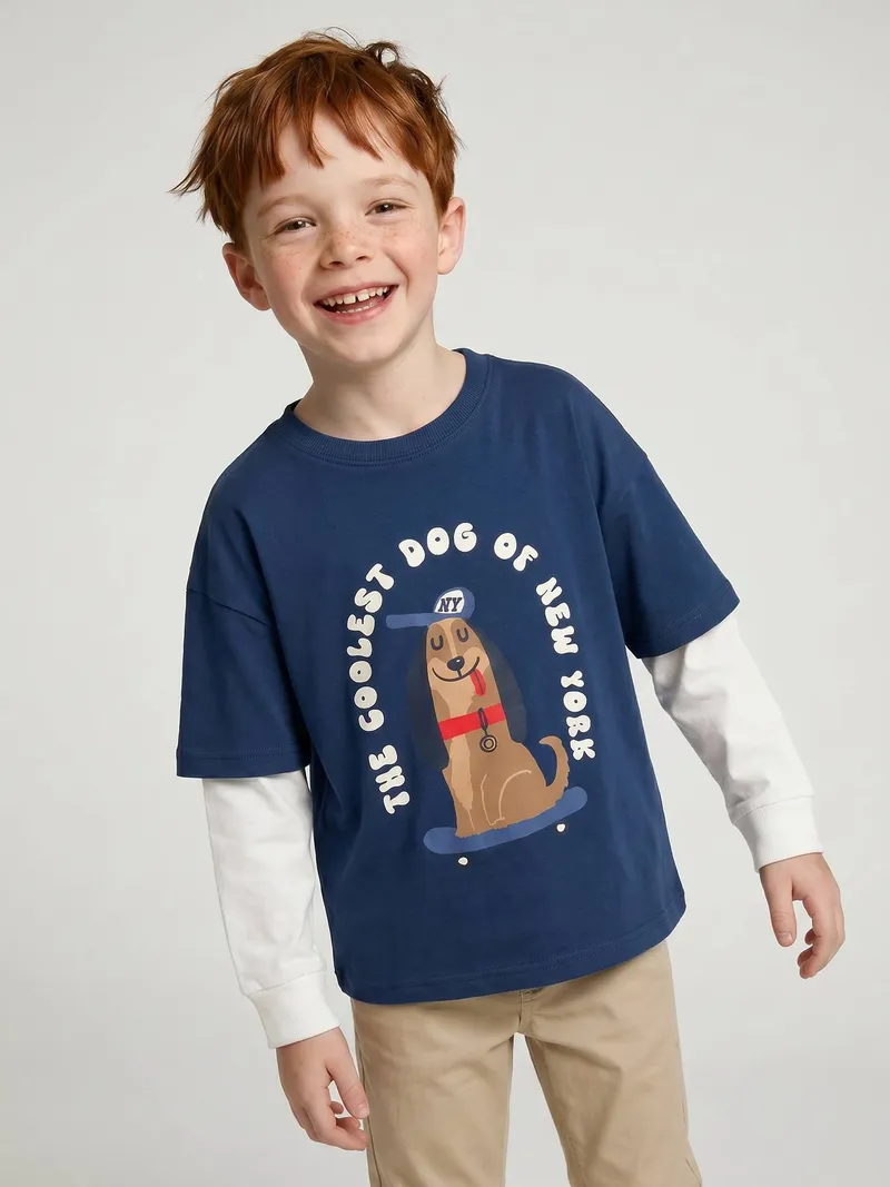 Vertbaudet Shirt Lagenlook Jungen mit Frontprint, Marine, – Produktbild 1 von 3