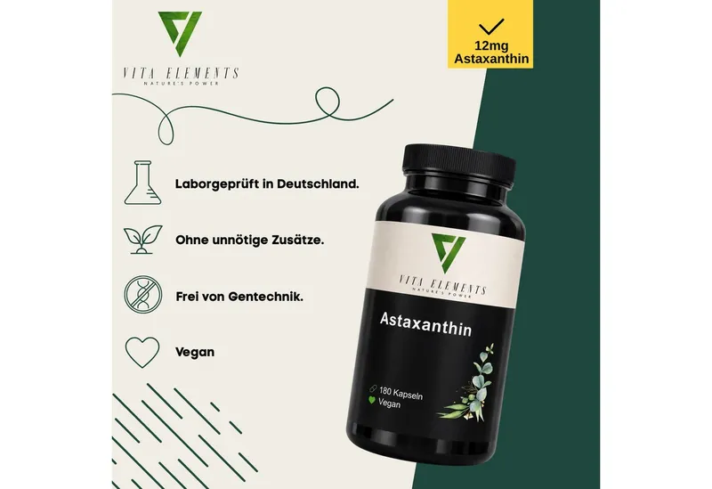 Vita Elements Astaxanthin - 12mg aus konzentriertem Algen-Oleoresin, 180 Kapseln, 1 er Packung à 180 St., Vegan, Frei von Gentechnik, Ohne Fischöl & Gelatine, Laborgeprüft – Produktbild 3 von 5