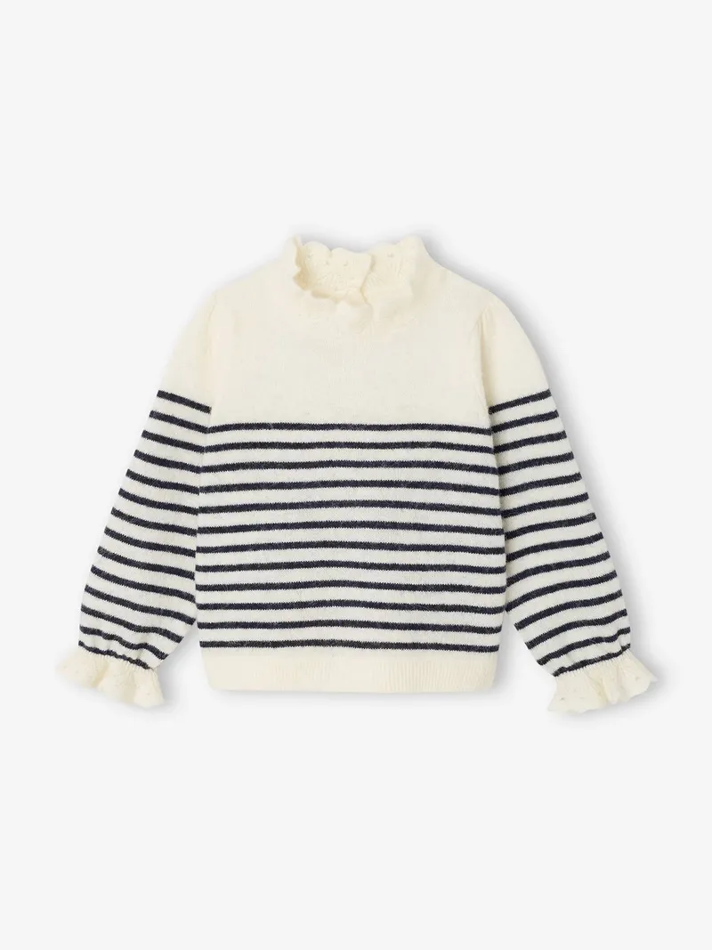 Vertbaudet Vertbaudet Gestreifter Baby Pullover mit Volantkragen Mama-Tochter-Capsule, Wollweiß, – Produktbild 2 von 4