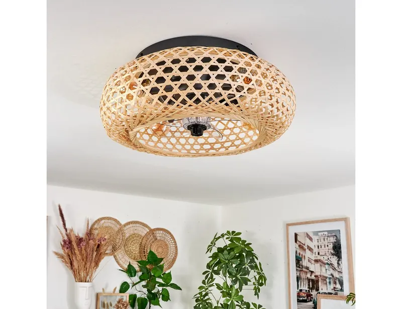 hofstein Deckenleuchte Deckenventilator mit Beleuchtung aus Metall/Bambus, Fernbedienung, ohne Leuchtmittel, Auf-/Abwind-Funktion, Lichteffekt, Ø 50cm, 4xE27, ohne Leuchtmittel, Beige|schwarz, – Produktbild 2 von 5