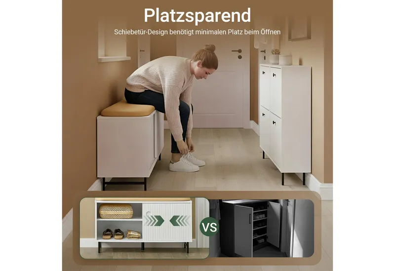 SoBuy Schuhbank FSR116, mit Sitzfläche und Schiebetüren Sitzbank mit Stauraum Dielenbank, Weiß, – Produktbild 5 von 5