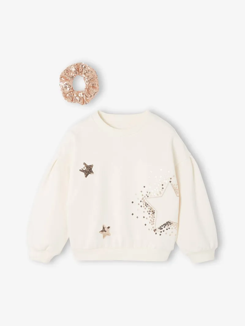 Vertbaudet Weihnachts-Set aus Sweatshirt und Scrunchie mit Pailletten Mädchen, Wollweiß, – Produktbild 1 von 4