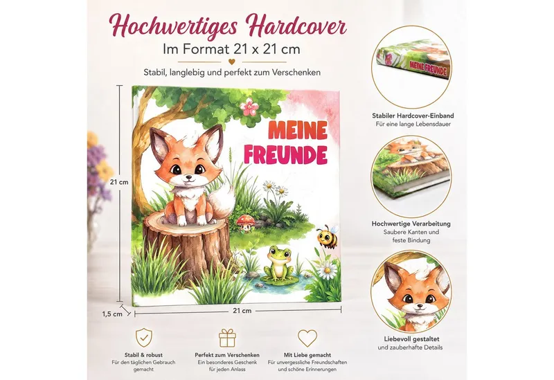 TOBJA Poesiealbum Freundebuch Grundschule Waldtiere 21x21 cm - 30 Freunde, 8 Erwachsene, Waldtier-Motiv, 92 Seiten, 30 Doppelseiten, FSC®-Papier – Produktbild 4 von 5
