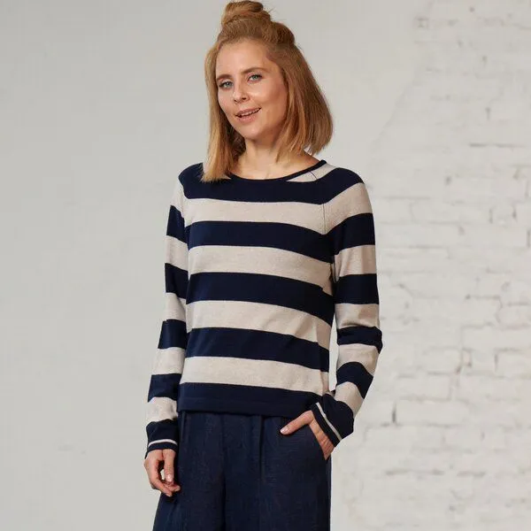 CON_STANT CON_STANT Streifen Strickpulli 100% Merinowolle (kbT), Ringel creme / darkblue, – Produktbild 1 von 4