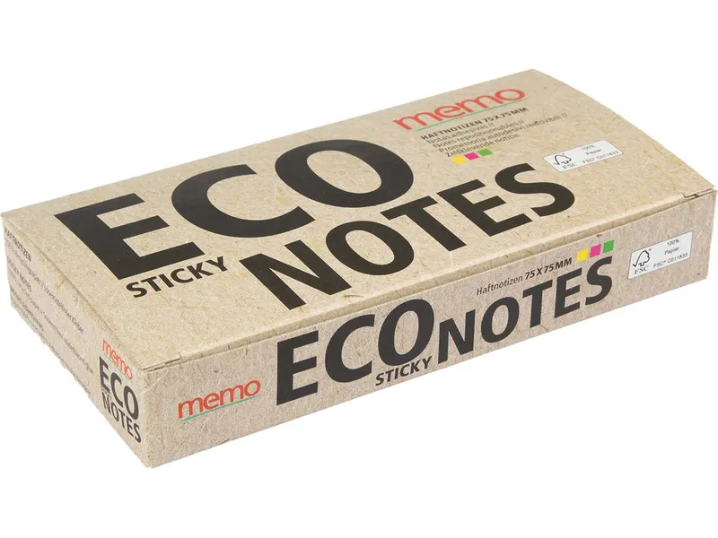 Memo memo Haftnotizen 3 x 2 Blöcke á 80 Blatt 75 x 75 mm, gelb pink grün im Recyclingkarton – Produktbild 1 von 1