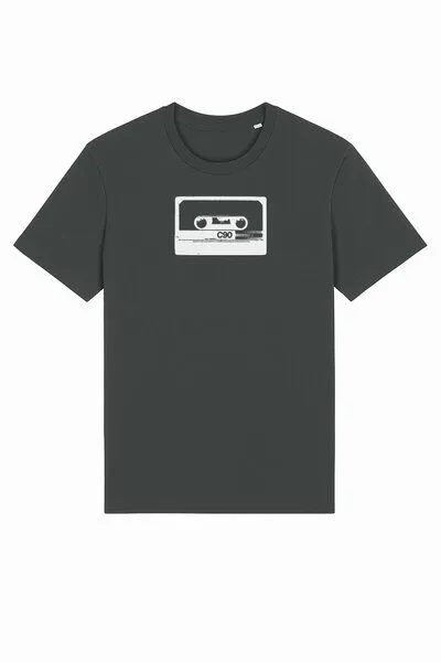 ilovemixtapes ilovemixtapes Unisex Bio-T-Shirt mit C90 Kassetten-Motiv – Anthrazit, handbedruckt in Weiß, Anthrazit, – Produktbild 1 von 3