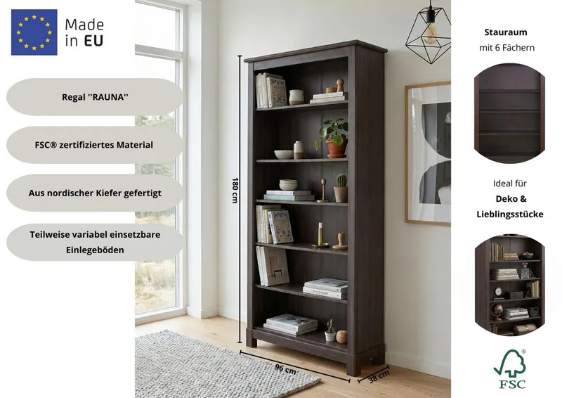OTTO home Bücherregal Rauna, aus massiver Kiefer, Breite 96 cm, FSC® zertifiziert, Braun, – Produktbild 1 von 8