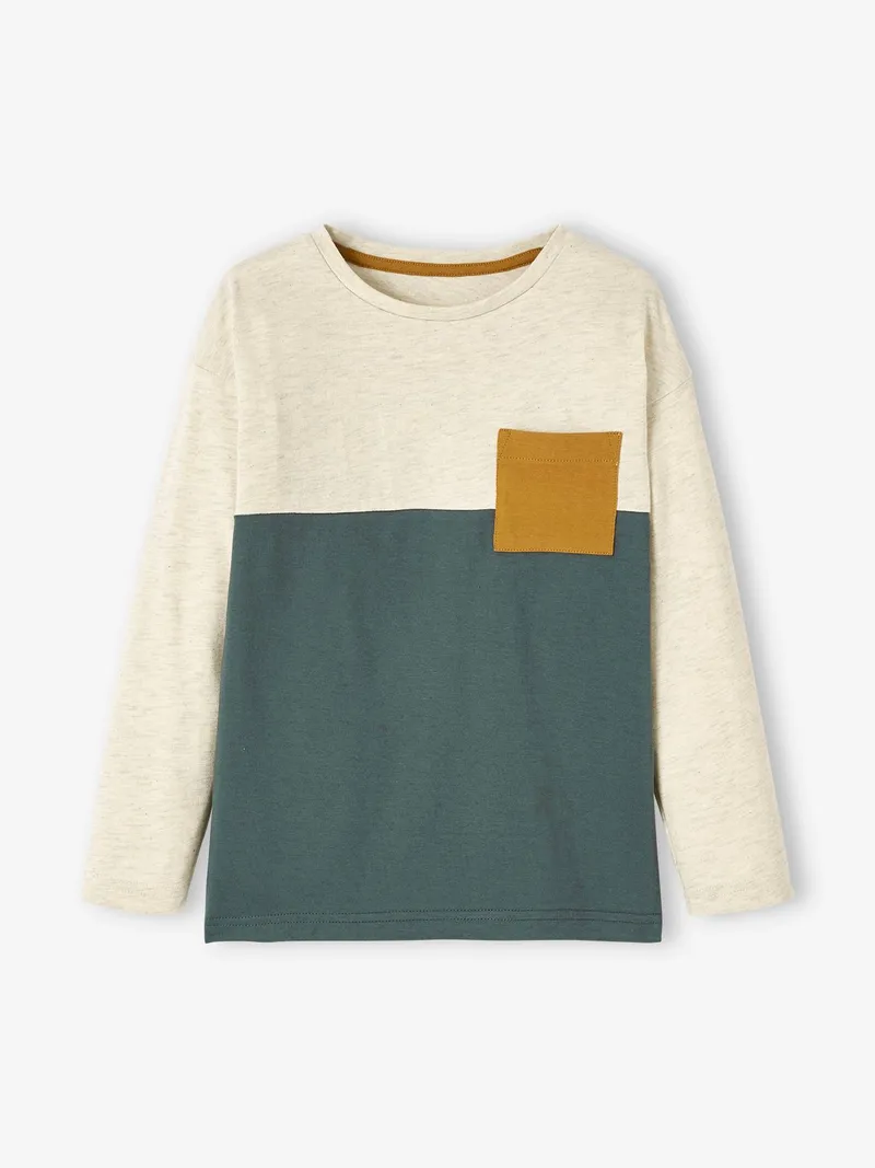 Vertbaudet Jungen Langarmshirt Colorblock, Hellbeige/salbei, – Produktbild 1 von 3