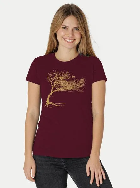Peaces.bio - handbedruckte Biomode Peaces.bio - handbedruckte Biomode Bio-Damen-T-Shirt "Windy Tree", Bordeaux, – Produktbild 1 von 2