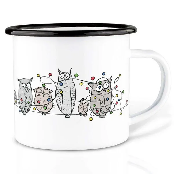 LIGARTI Emailletasse »Eulenkette« von LIGARTI | 300 oder 500 ml | handveredelt in Deutschland | Cup, Kaffeetasse, Emaillebecher, Camping Becher – Produktbild 1 von 1