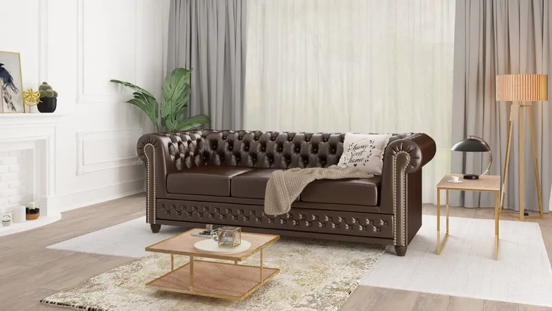 S-Style Möbel Polstergarnitur Chesterfield Jeff 3+2+1 aus veganem Leder mit Holzfüßen, (1x 3-Sitzer-Sofa, 1x 2-Sitzer-Sofa, 1x Sessel), mit Wellenfederung, Braun, – Produktbild 3 von 4