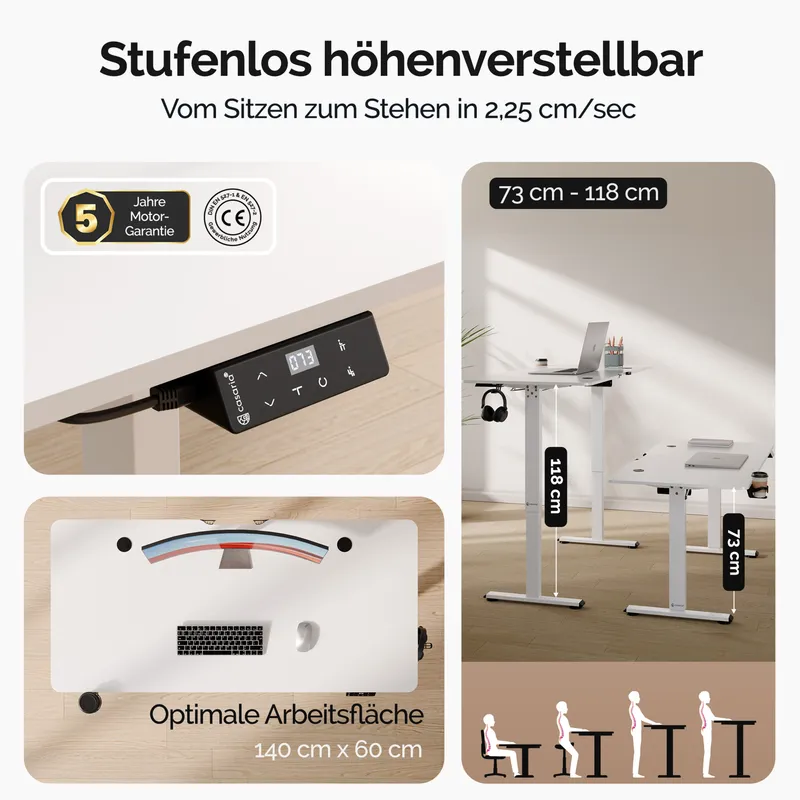 Casaria® Höhenverstellbarer Schreibtisch Weiß 140x60x73-118cm, Weiß, – Produktbild 2 von 2