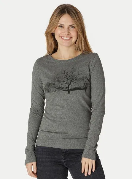 Peaces.bio - handbedruckte Biomode Peaces.bio - handbedruckte Biomode Damen Langarmshirt Landscape, Dunkelgrau, – Produktbild 1 von 2