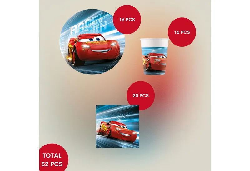 Procos Einweggeschirr-Set Cars Partygeschirr Set 52-tlg Kindergeburtstag Deko Teller Becher, 16 Personen, Bunt, – Produktbild 2 von 5