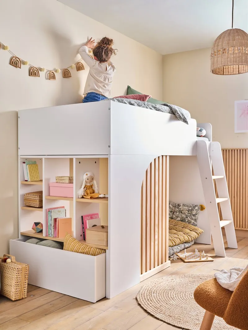 Vertbaudet Kinderbett mit Stauraum PLAYFUL Hochbett 90x190 cm, Weiß, – Produktbild 1 von 4