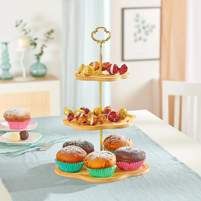 viva domo viva domo Bambus-Etagere „Blüten“, Braun | gold, – Produktbild 2 von 2